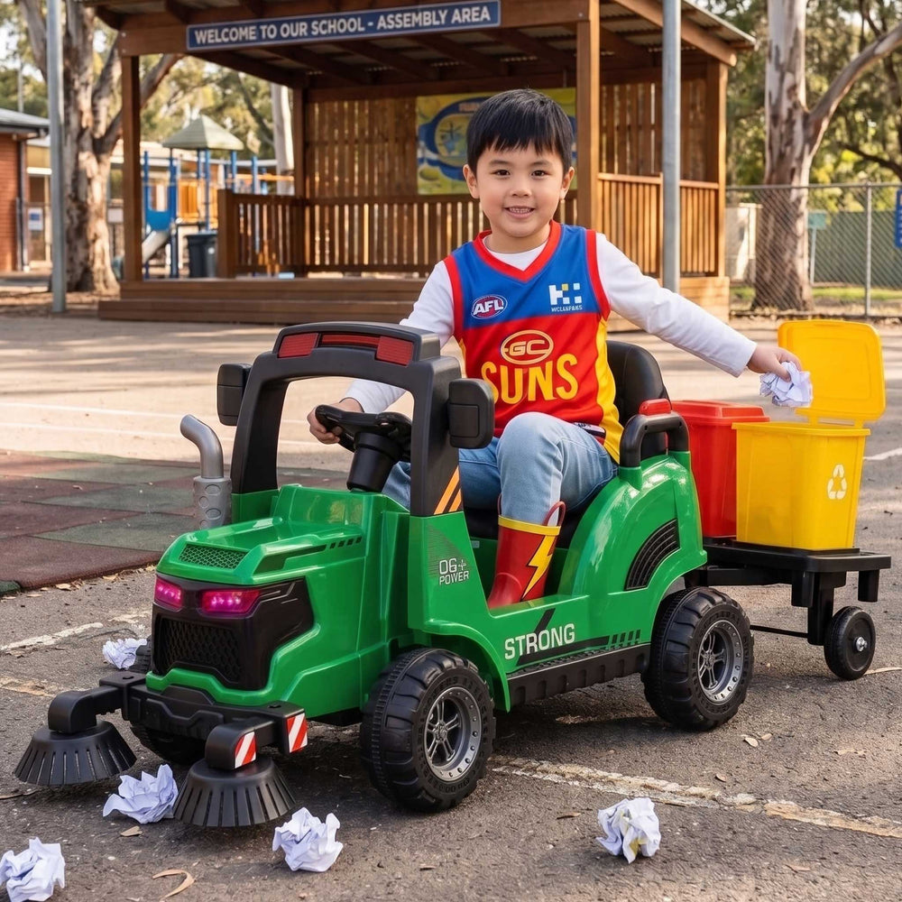 Street Cleaning Inspired Kids Ride On Car Truck with Rotating Brushes & Remote Control Recycling Green