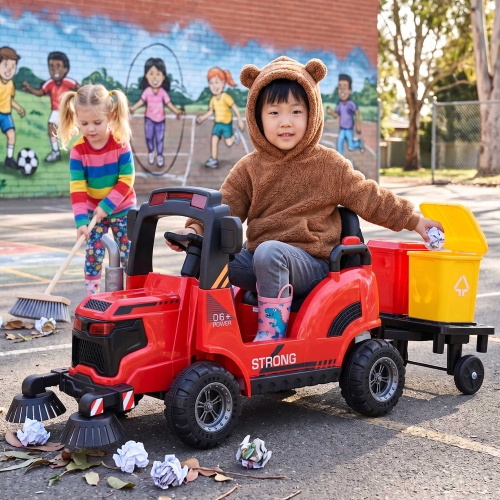 Street Cleaning Inspired Kids Ride On Car Truck with Rotating Brushes & Remote Control Rubbish Collection Red