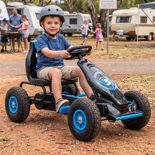 Super Racer Kids Adjustable Pedal Powered Go Kart | Black with Blue