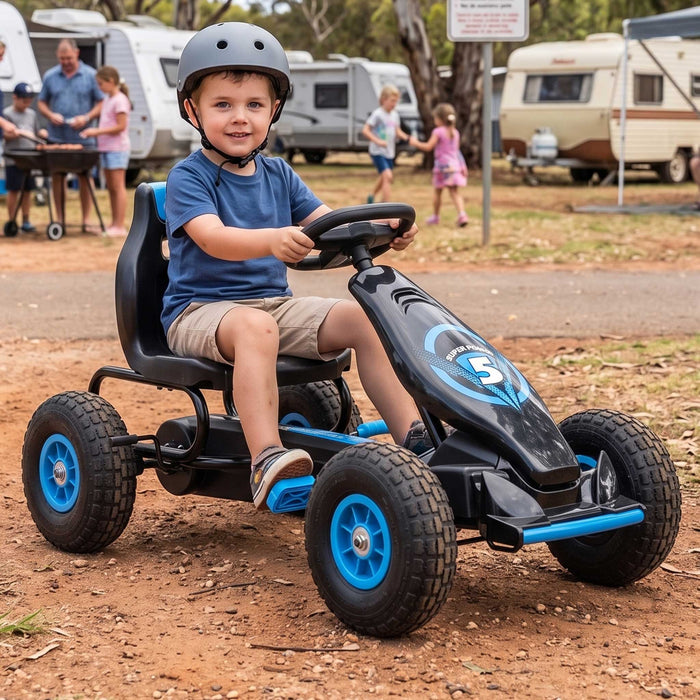 Super Racer Kids Adjustable Pedal Powered Go Kart | Black with Blue