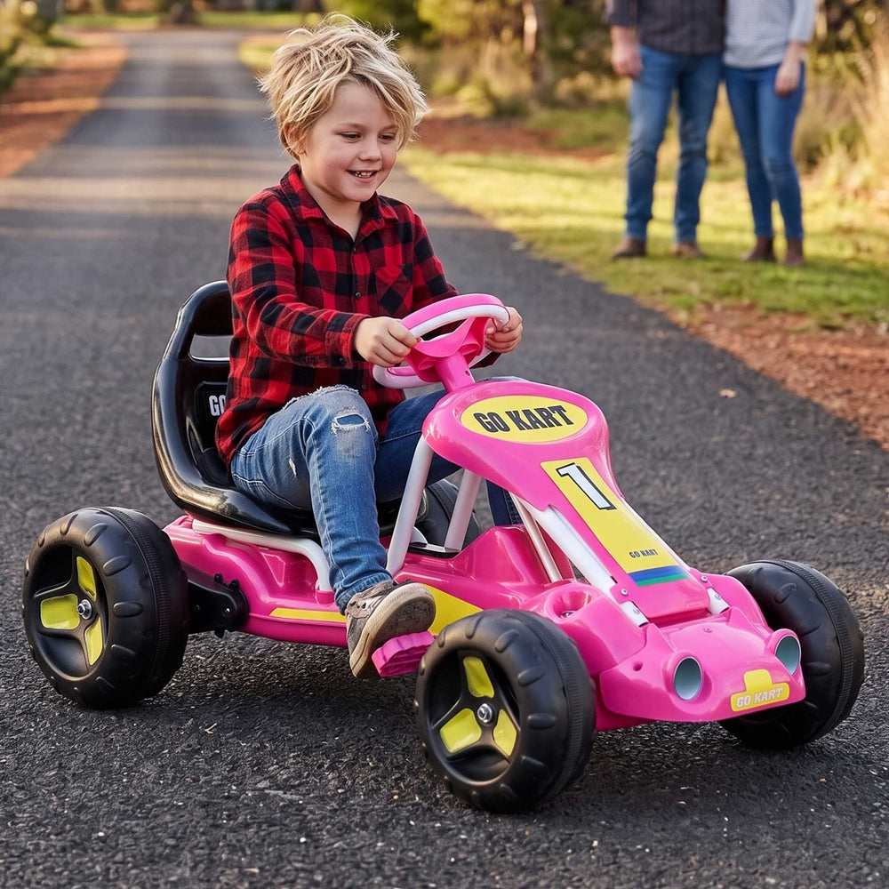 Super Racer Kids Pedal Powered Go Kart | Pink/Yellow