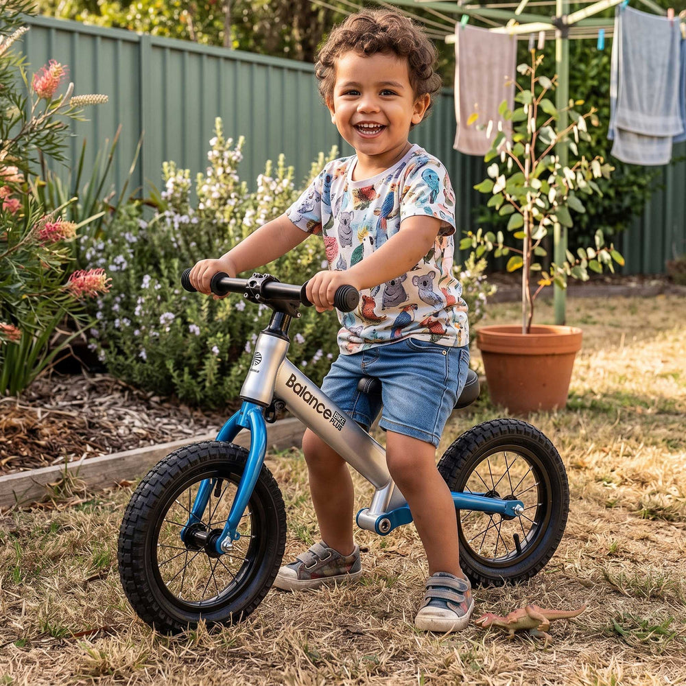 Track Star Deluxe 12 Inch Kids Balance Bike | Aluminium Silver & Blue