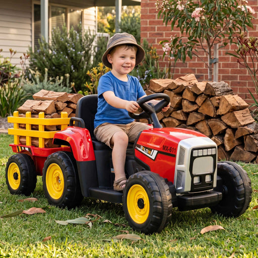 Tractor with Detachable Trailer Kids Ride On Electric Car | Engine Red (with Yellow)