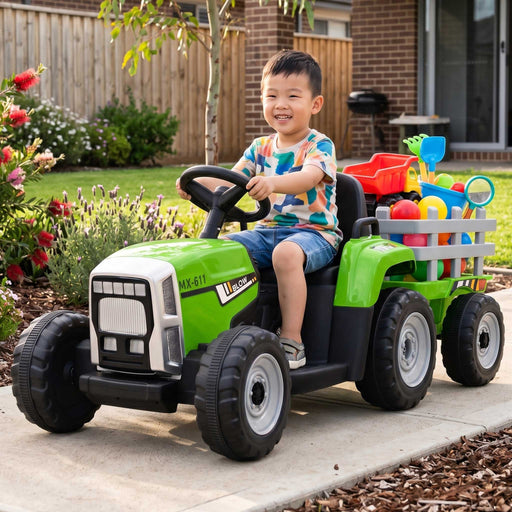 Tractor with Detachable Trailer Kids Ride On Electric Car Grass Green