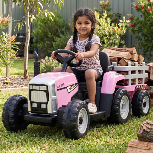 Tractor with Detachable Trailer Kids Ride On Electric Car Powder Pink