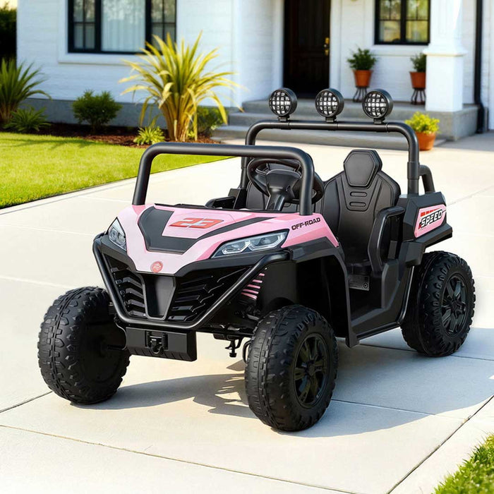 Twin Two Seater Deluxe 12V Off Road Kids Ride On Car Raven Black with Pink