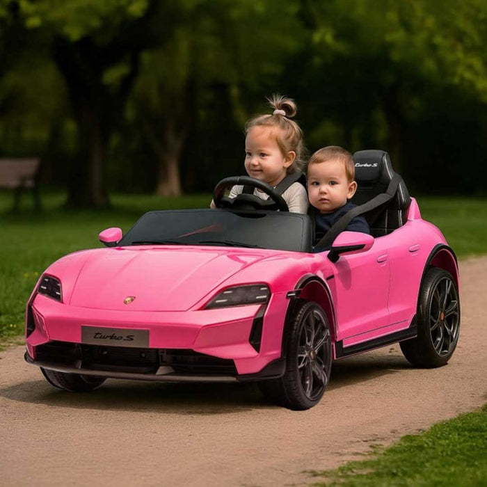 Two Seater Twin Officially Licensed Porsche Taycan Turbo S Kids Ride On SUV with Remote Control Porsche Pink Pig