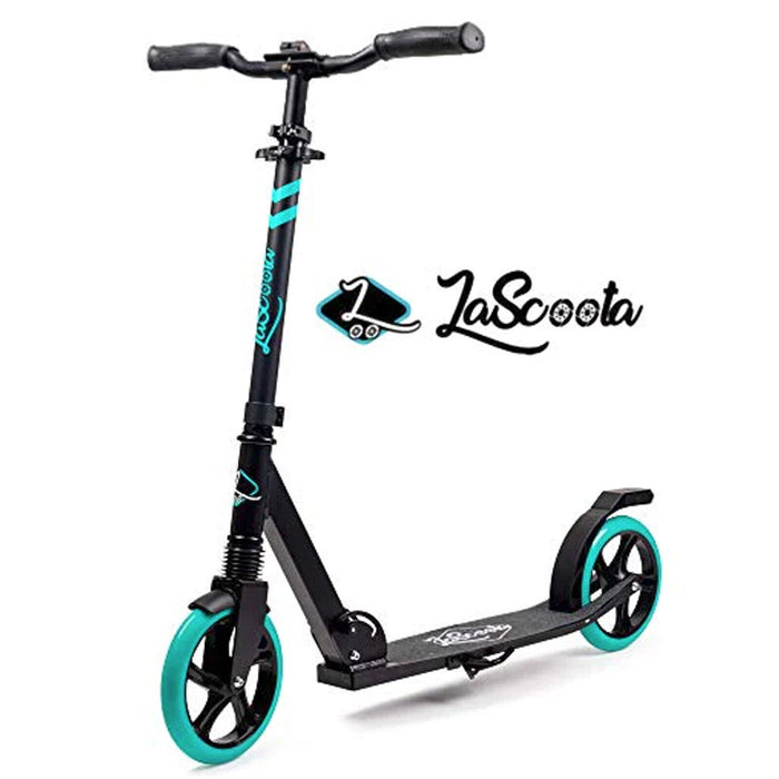 LaScooter Foldable, Portable & Height Adjustable Kids, Teen or Adult 2 Wheel Scooter | Black & Aqua