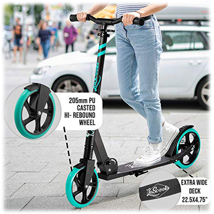 LaScooter Foldable, Portable & Height Adjustable Kids, Teen or Adult 2 Wheel Scooter | Black & Aqua