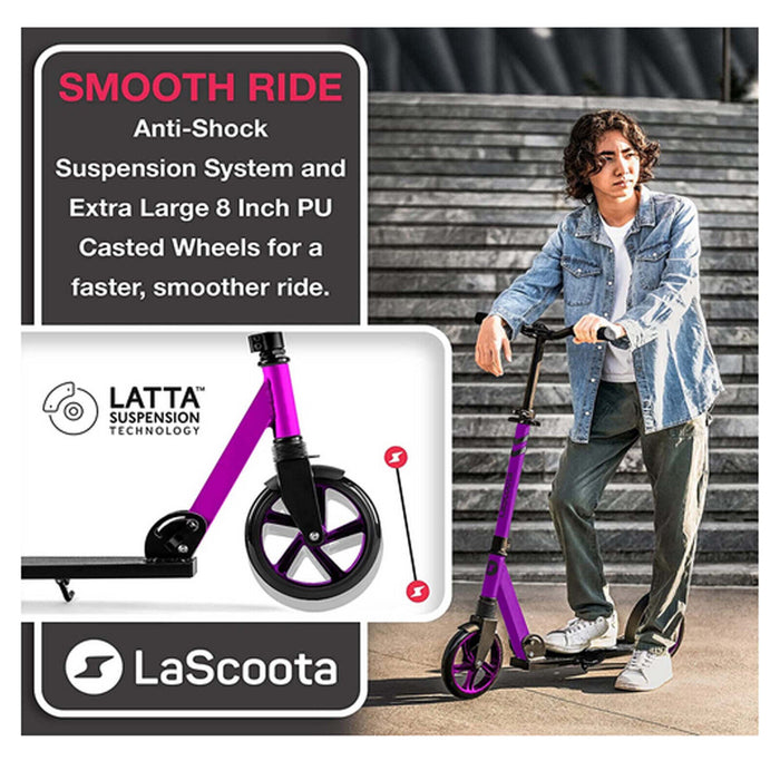 LaScooter Foldable, Portable & Height Adjustable Kids, Teen or Adult 2 Wheel Scooter | Purple Plum