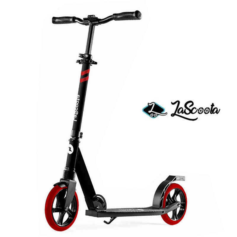 LaScooter Foldable, Portable & Height Adjustable Kids, Teen or Adult 2 Wheel Scooter | Black & Red