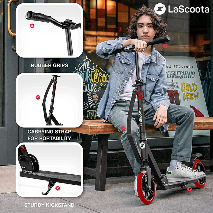 LaScooter Foldable, Portable & Height Adjustable Kids, Teen or Adult 2 Wheel Scooter | Black & Red