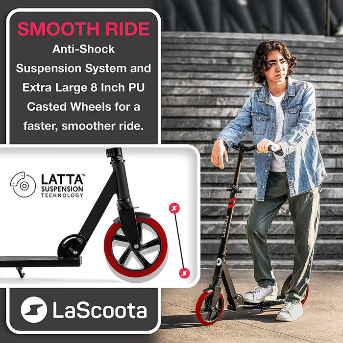 LaScooter Foldable, Portable & Height Adjustable Kids, Teen or Adult 2 Wheel Scooter | Black & Red