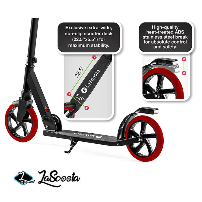 LaScooter Foldable, Portable & Height Adjustable Kids, Teen or Adult 2 Wheel Scooter | Black & Red