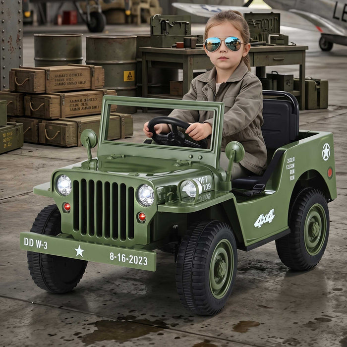 Willy's ARMY Jeep Inspired Kids Ride On Car with Remote Control ARMY Green