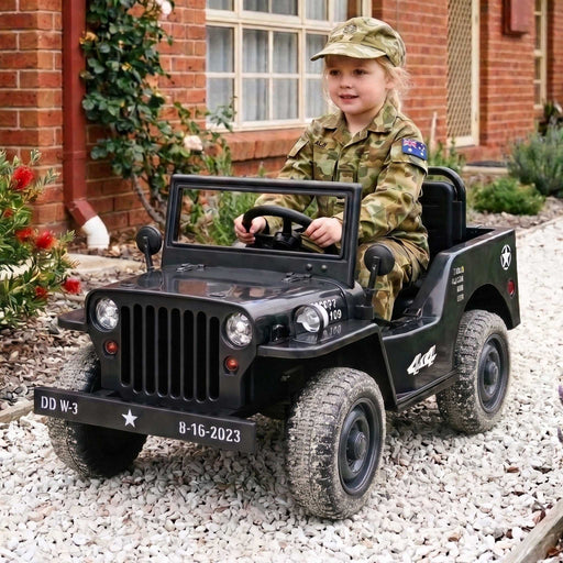 Willy's ARMY Jeep Inspired Kids Ride On Car with Remote Control Midnight Black