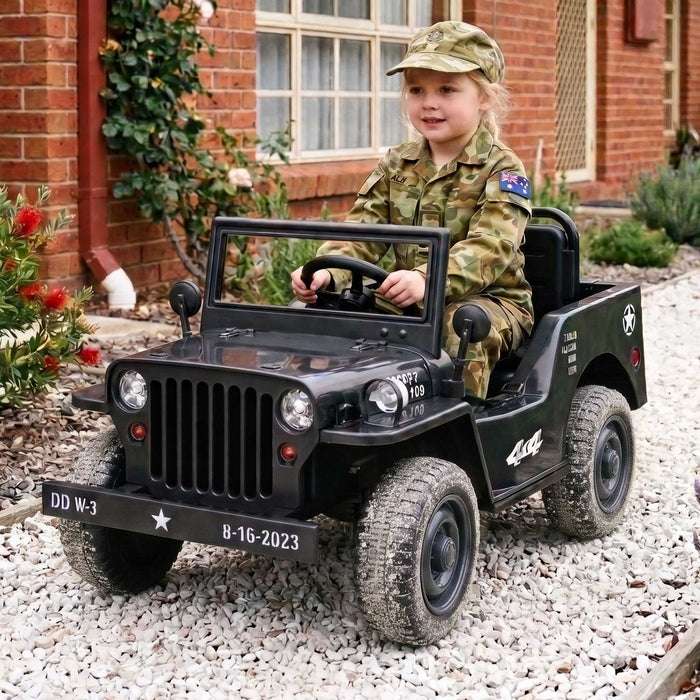Willy's ARMY Jeep Inspired Kids Ride On Car with Remote Control Midnight Black