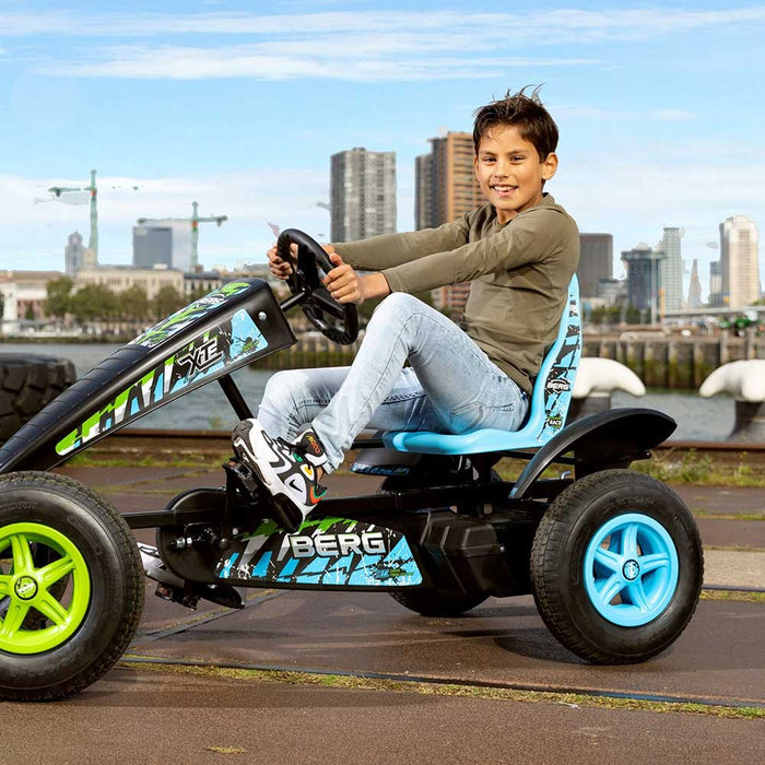Berg Extra X-ITE Kids & Adults Pedal or 3 Gear Powered Go Kart | Sky Blue & Lime Green