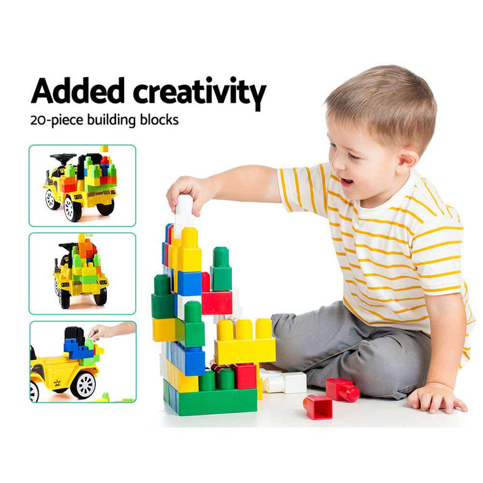 Construction Inspired Kids Ride On Car Excavator with Building Blocks | Yellow