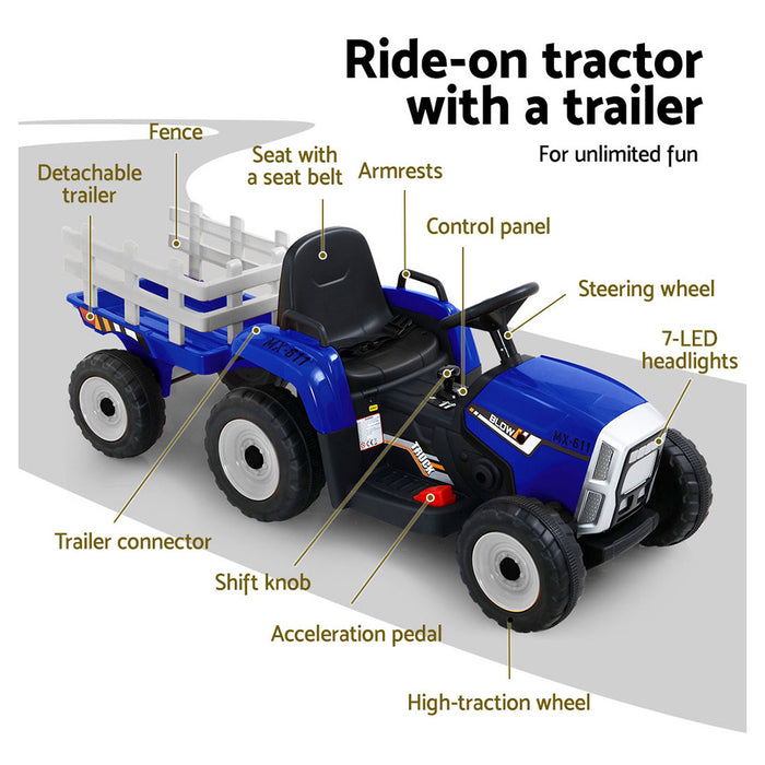 Tractor with Detachable Trailer Kids Ride On Electric Car | Royal Blue