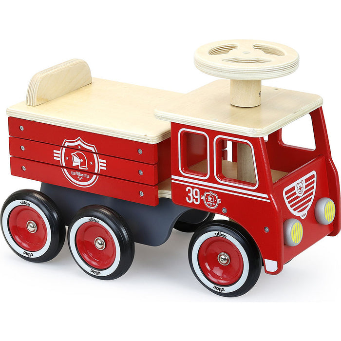 Kids Retro Wooden Toy Fire Truck Ride On Push Car | Fire Engine Red